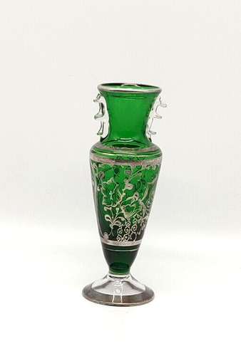 Vintage Bohemian Green Art Glass Vase Silver Overlay Applied Clear Rigaree 7 In
