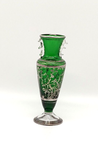 Vintage Bohemian Green Art Glass Vase  Silver Overlay Applied Clear Rigaree 7 In - Afbeelding 1 van 16