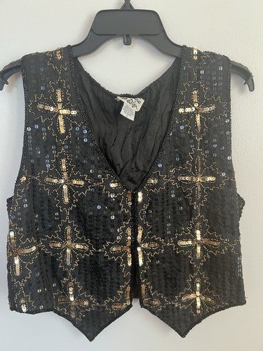VTG 90s Style N Design Sequin Beaded Vest Large Goth Black Gold Star Y2K Silk