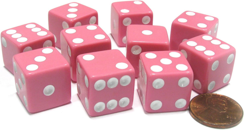 Koplow Games Set of 10 Six Sided Square Opaque 16Mm D6 Dice - Pink with White Pi - 第 11/12 張圖片