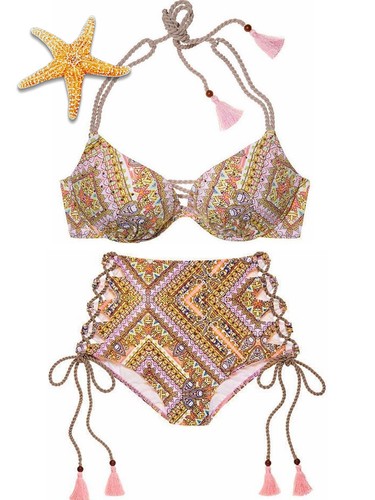 Victoria's Secret 34D wunderschöner Escape Pink Paisley Medium High Waist Schnür-Bikini - Bild 1 von 12