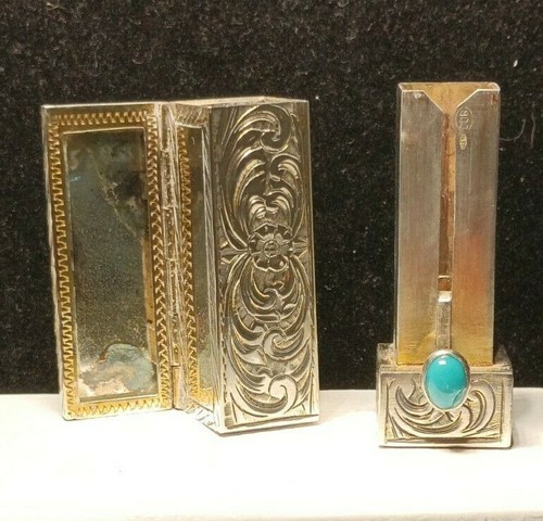 Vintage Italy Lipstick 800 Fine Silver Enamel Turquoise Cabochon Mirror - Picture 11 of 12