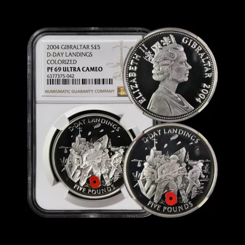 GIBRALTAR. 2004, 5 Pounds, Silver - NGC PF69 - Top Pop 🥇 WWII, D-Day, Red Poppy