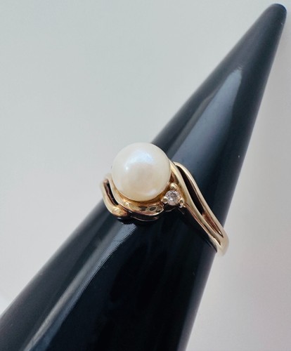 Estate Solid 10K Yellow Gold 6mm Freshwater Pearl .05ctw Diamond Ring sz 7, 2.6g - Picture 4 of 17