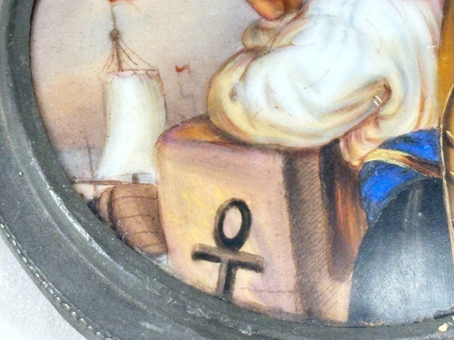 Antique 3.25" Hand Painted Porcelain Round Plaque Stein Lid - Sailor Smoking - Picture 2 of 8
