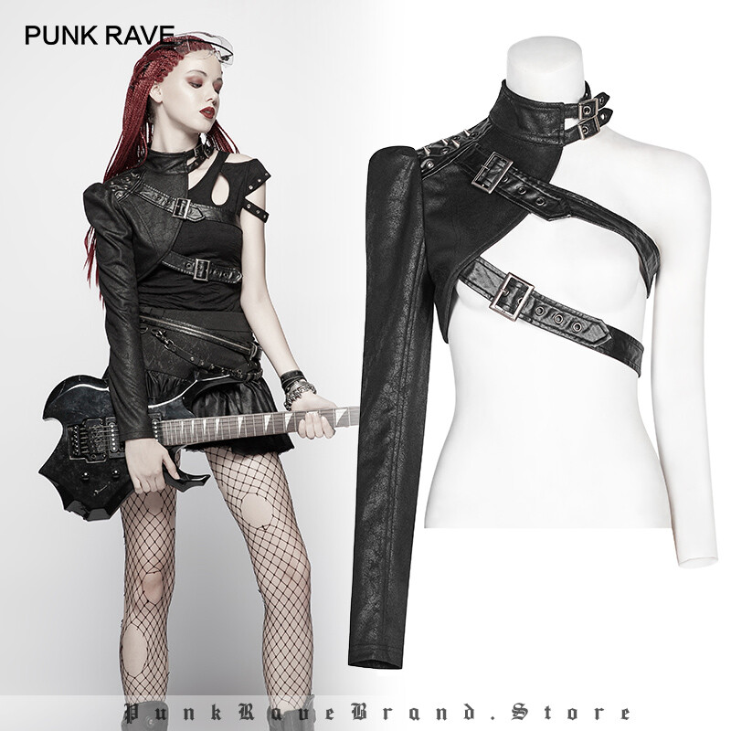 Punk Rave Gothic Women One-arm Long Sleeve Rivet Short Coat Black Soldier  Jacket