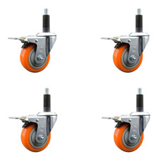 3.5 Inch SS Orange Poly Swivel 1 Inch Expanding Stem Caster Set Total Lock Brake