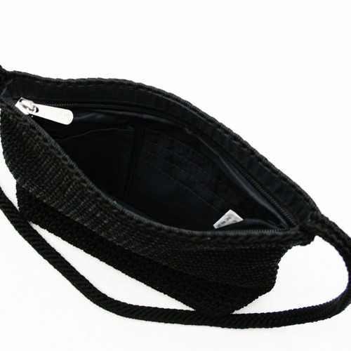 The SAK Black Zip Top Crocheted Knit & Nylon Shoulder Bag Handbag Hobo Purse - Picture 5 of 8