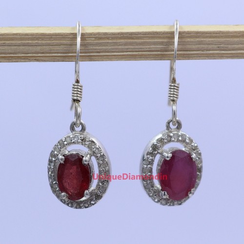 Natural Diamond Ruby earrings 18k white Gold platting 925sterling silver earring - Picture 2 of 4