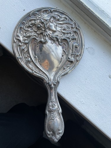 Best! Art Nouveau Woman  Profile Mirror Beveled Glass Silver Plate Mucha Style - Picture 1 of 2