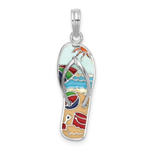 De-Ani Sterling Silver Rhodium-Plated 3D Enameled Beach Scene Flip-flop Pendant - Picture 4 of 5