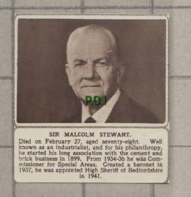 C991) Sir Malcolm Stewart High Sheriff Bedfordshire Nachruf 1951 KLEINER Steckling