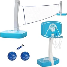 Pool Basketball Hoop &Volleyball Set,2 in 1 Outdoor Portable Poolside Hoop Stand