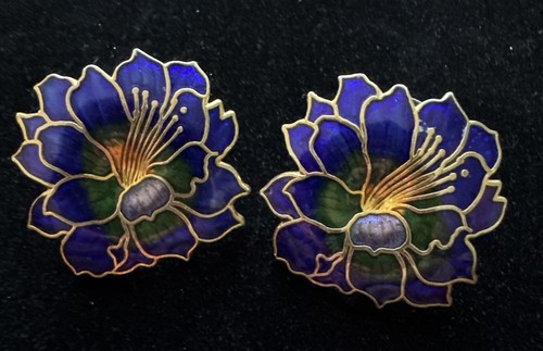 Vintage 1970s 80s Cloisonne Style Blue Hibiscus Flower Earrings - Picture 2 of 4