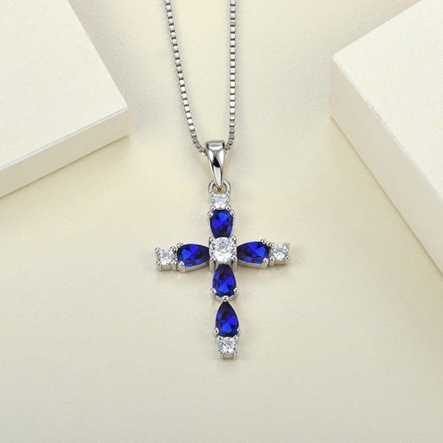 925 Sterling Silver Blue CZ Love Cross Necklace Silver Pendant Women Jewelry - Picture 4 of 6