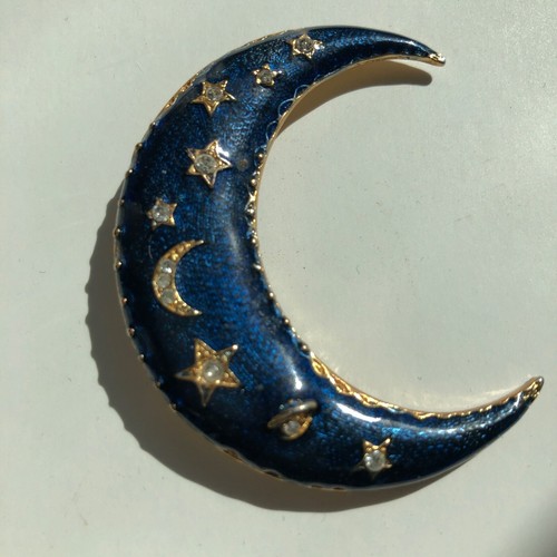 Vintage Brosche 80er Jahre blau Emaille Halbmond Mond und Sterne - Bild 1 von 2