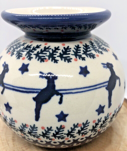Polish Pottery Round Vase BAZ Santa and Reindeer and 10 Ceramic Flowers - Picture 3 of 6