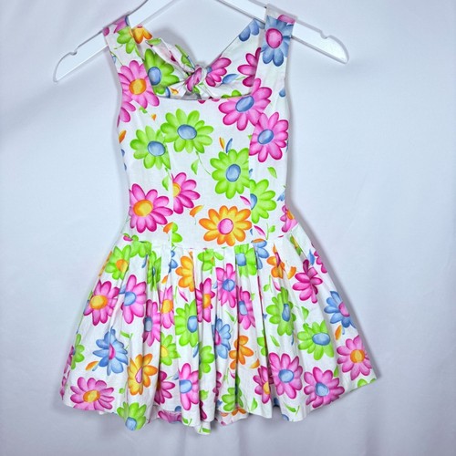 Vintage Y2K Mädchen Hot Pink + Grün Hell Blumendruck Rückenfrei Twirl Kleid 7 - Bild 9 von 12