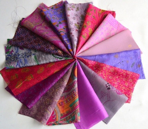Indian Vintage 25 Pc Of Recycle Silk Sari Remnants/Fabric 8"X8" Fabric Scraps - Picture 2 of 9