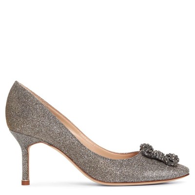 Manolo Blahnik Hangisi Jeweled Pump Heel Gold Metallic Flannel Glitter 70mm 39.5