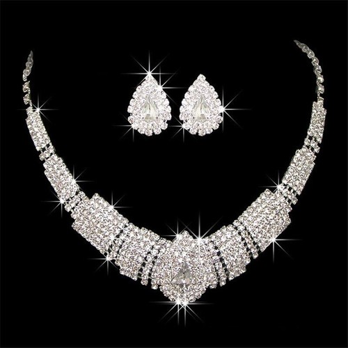 Women Necklace Crystal Earrings Jewellery Set Rhinestone Fashion Wedding Bridal - Bild 4 von 25