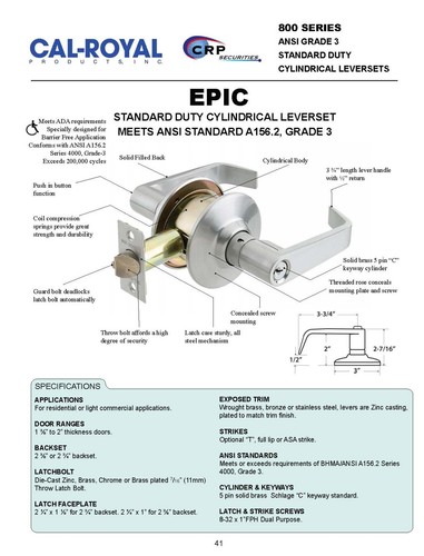 Maniglia serratura porta Cal Royal US26D 800 cromo satinato spessore da 1 3/8" a 2"  - Foto 1 di 3