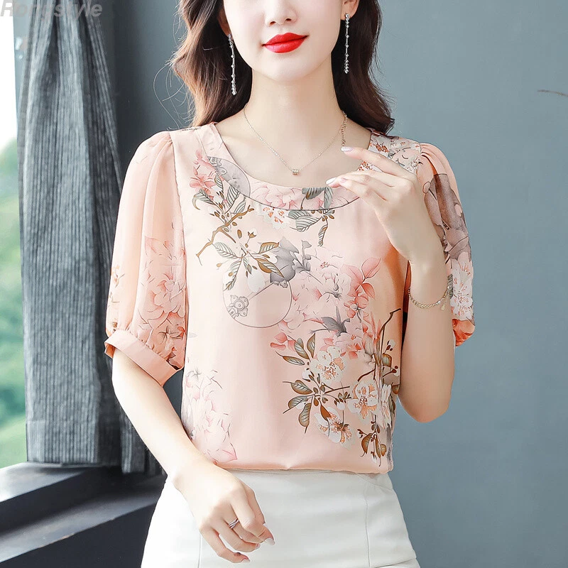 Women Retro Floral Short Puff Sleeve Crew Neck Chiffon Casual T