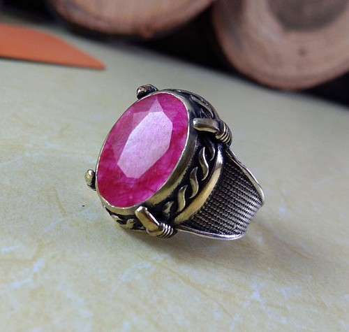 Solid 925 Sterling Silver Natural Pink Ruby Corundum Gemstone Huge Men's Ring - Picture 2 of 12
