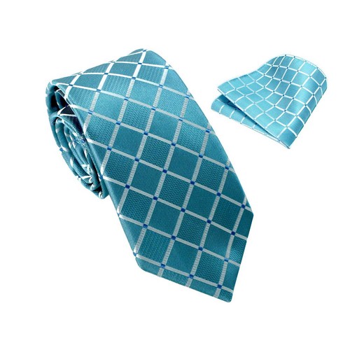 Set aus Krawatte und Einstecktuch, Karierte, Farbe Hellblau