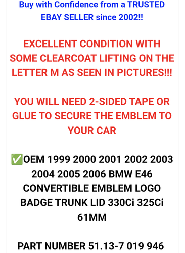✅OEM 1999-2006 BMW E46 CONVERTIBLE EMBLEM LOGO BADGE TRUNK LID 330Ci 325Ci 61MM - Picture 2 of 11