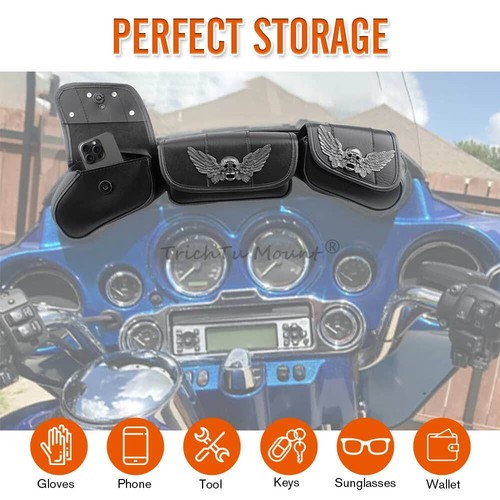 Skull Style Windshield 3 Pouch Pocket Fairing Bag for Harley Street Glide FLHX - Bild 11 von 23