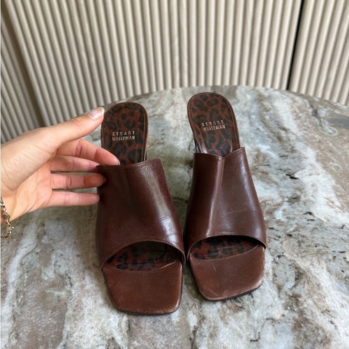 Stuart Weitzman vintage leather brown square toe mules open toe 8 - Picture 4 of 12