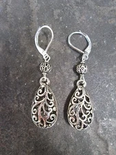 Silver Filigree Teardrop Earrings with Sterling Silver Leverbacks