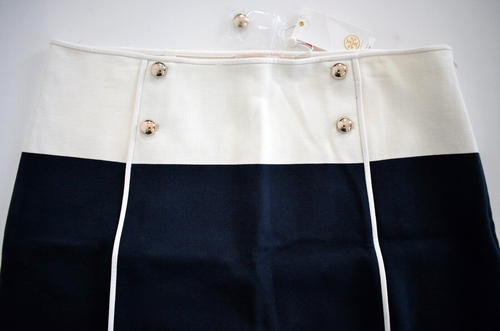 $250 NEW TORY BURCH Navy Ivory Colorblock Cotton Blend A-LINE MINI Skirt XL - Picture 2 of 10