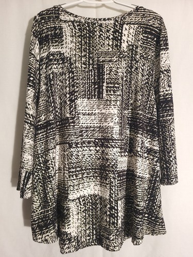 JM Collection-Black White Gold Geo 3/4 Sleeve Rayon Knit Top Tunic-3X - Picture 4 of 5