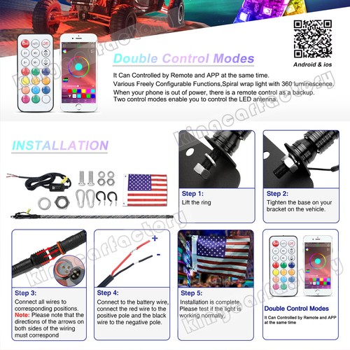 2x 3FT Lighted Bluetooth LED Whip Antenna Flag & Remote For ATV Polaris RZR UTV - Bild 12 von 12