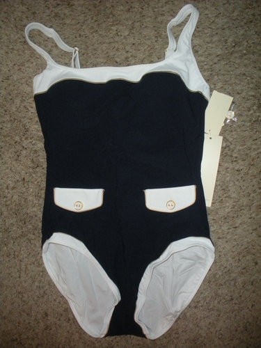 GOTTEX Navy & White High Class 1 Pc Square Neck Style Swimsuit Sz 12 NWT