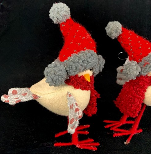2 New Winter Shelf Sitter Birds Red Stocking Caps Gray Neck Scarf Decoration - Picture 6 of 10