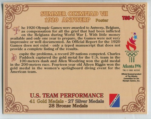 1992 Collect-A-Card Olympic Games #TSC-7 Summer Olympiad VII - 1920 Antwerp - Picture 2 of 2
