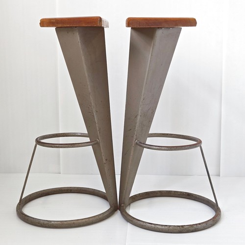 Vintage 1980 Triangle Shaped Bar Stool Pair Steel & Beech Memphis - Picture 2 of 14