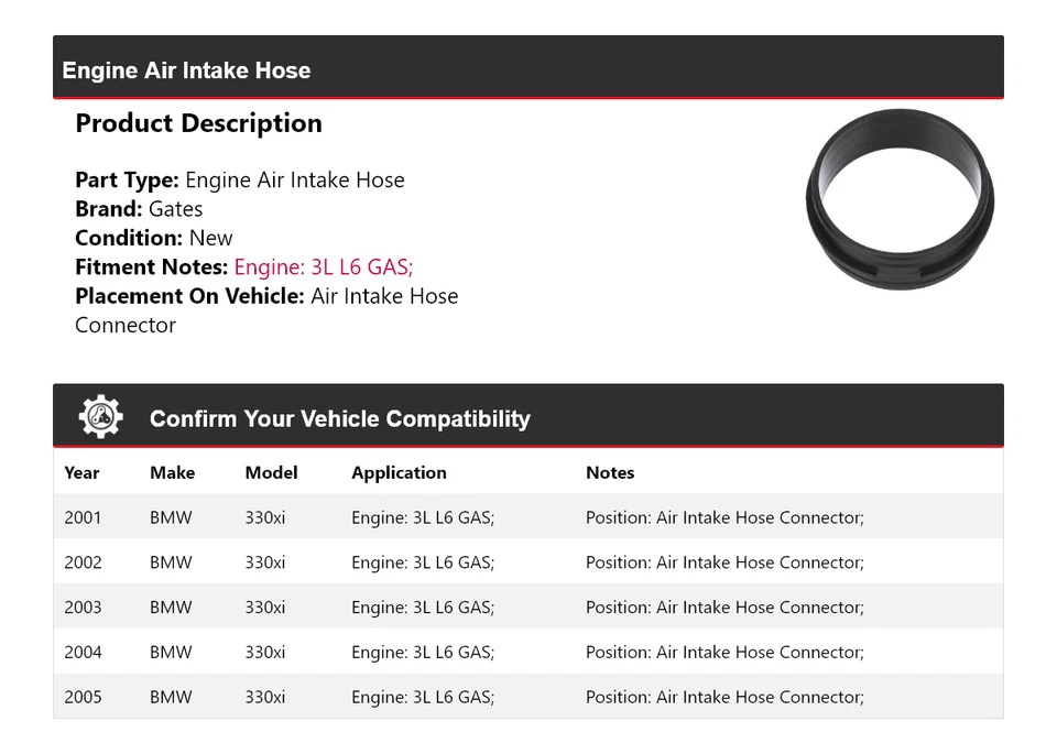 Manguera de admisión de aire del motor BMW 330xi 2001-2005 puertas de conector de manguera de admisión de aire Foto 2 de 3