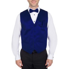 Men's Solid Royal Blue Satin Tuxedo Vest Bow Tie Hanky Set Formals Weddings