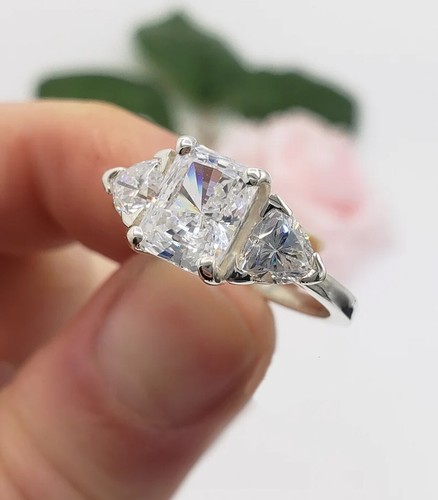 3Ct Moissanite Radiant-Cut Three Stone Trillion Wedding Ring 14k White Gold Over