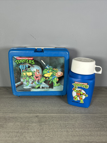 Vintage TMNT 1989 Teenage Mutant Hero Turtles Plastic Blue Lunch Box w/ Thermos - Picture 1 of 15