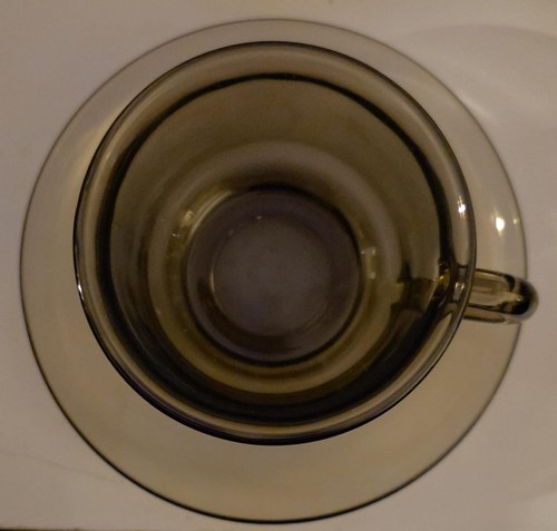 RETRO BLACK SMOKY GLASS CUPS AND SAUCERS x16 ARCOROC FRANCE - Picture 9 of 18