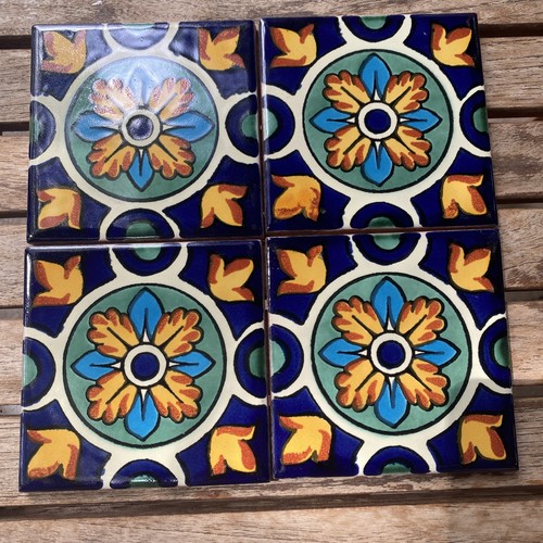 Vintage Terrakotta spanisch mexikanisch Talavera 4 gemusterte Fliesen Untersetzer 4’ NEU - Bild 12 von 16