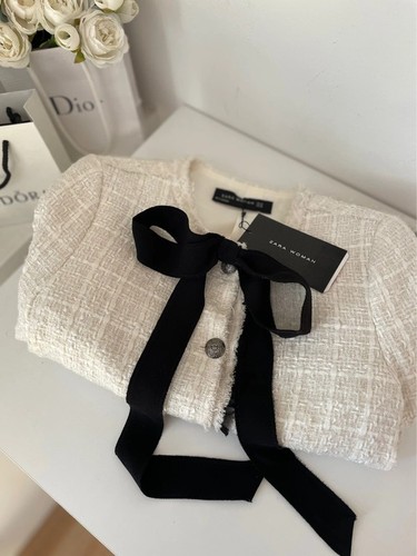 A174 ZARA GORGEOUS BLACK BOW WHITE ECRU FANTASY BLAZER JACKET COAT MEDIUM - M - Picture 4 of 13