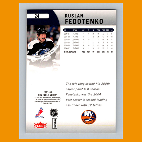 Tarjeta de hockey Ruslan Fedotenko #24 2007 Ultra New York Islanders NHL CASI NUEVA - Imagen 2 de 3