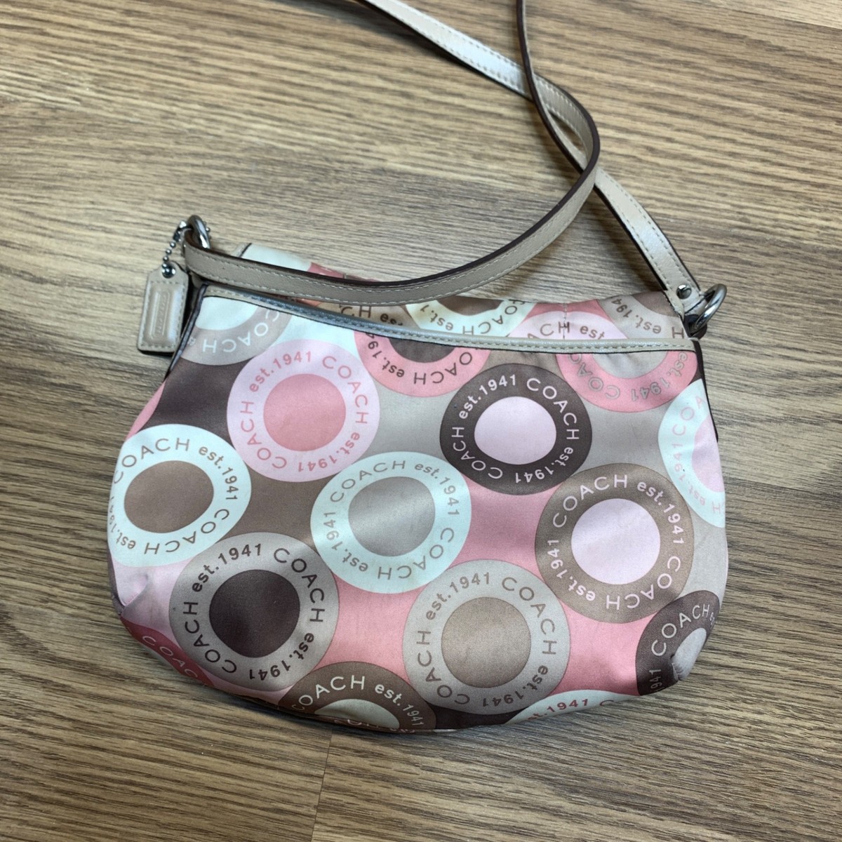 coach bag pink × beige Coach Signature Pink Beige Satin Crossbody Bag Logo | eBay
