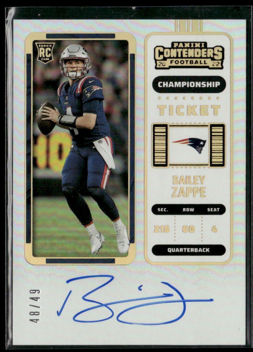 2022 Panini Contenders Football Bailey Zappe Championship Ticket RC Auto /49